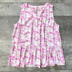 LOFT Floral Henley Peplum Top Womens S Pink White Sleeveless Feminine Coquette